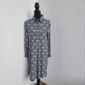 AA Studio Women Black White Abstract Print 1/4 Button Front Dress Stretch Sz 6